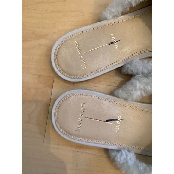 BLACK suede Studio "Adele" white shearling slide Sandal BNWT women  NEW - Picture 3 of 4